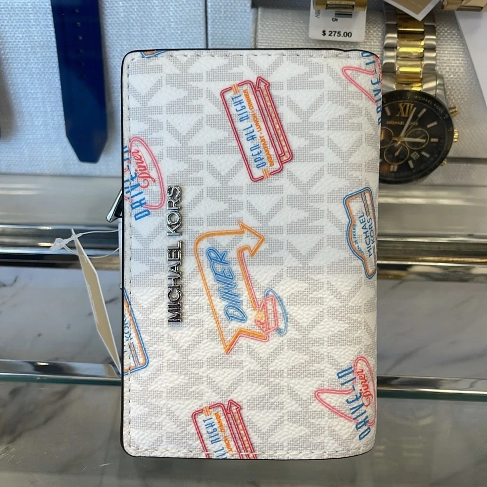 Michael Kors Jet Set Travel Md Printed Signature Logo Bi-Fold Wallet Optic White